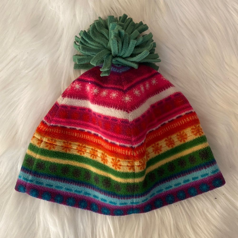 Old navy, multi color rainbow fleece hat with pom pom on the top